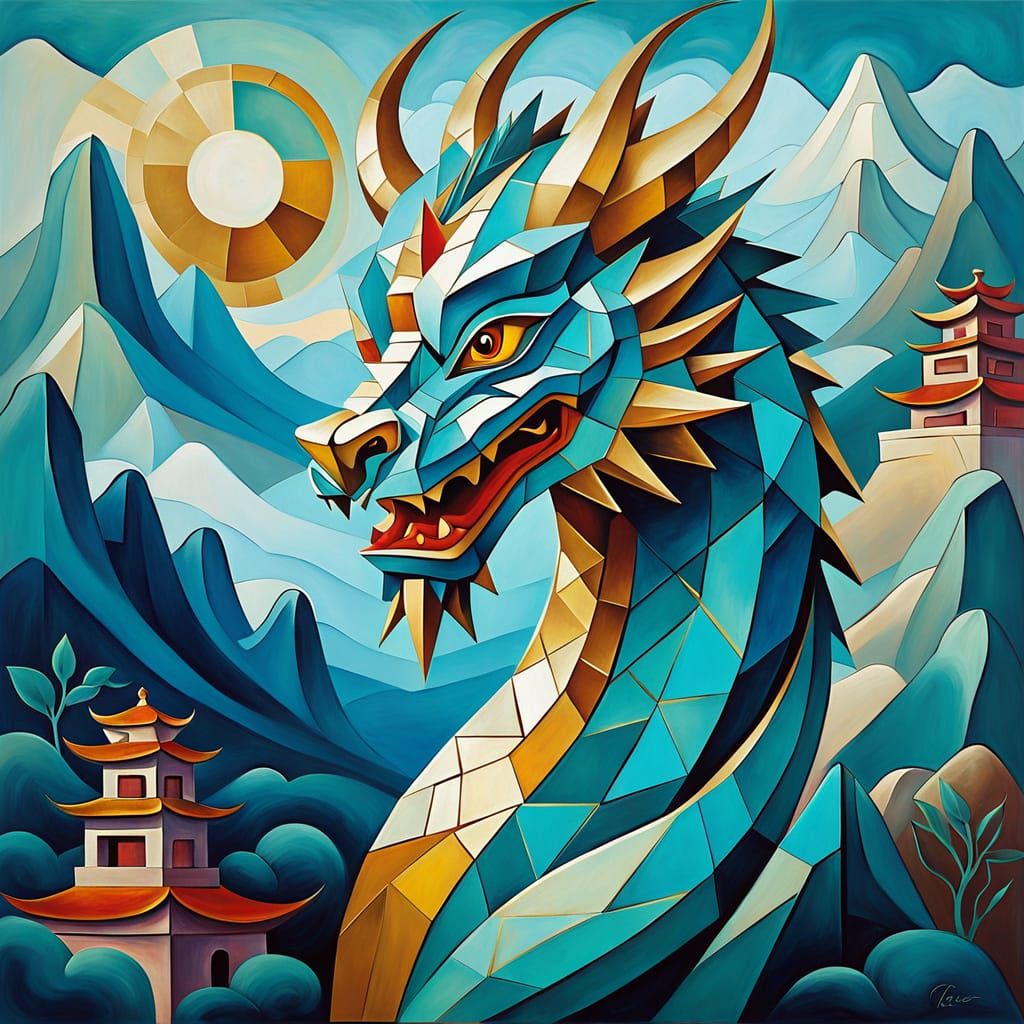Vibrant Cubist Chinese Dragon Portrait in Oil on Canvas