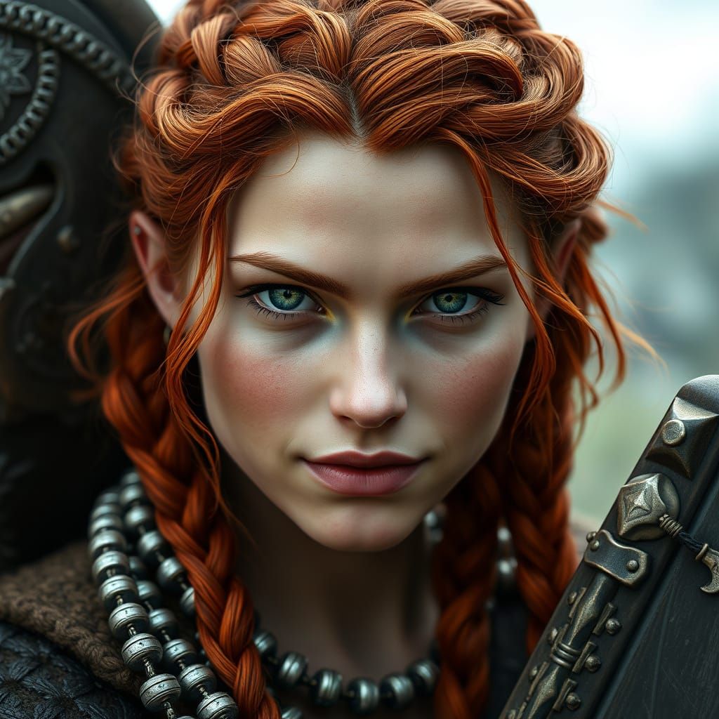 Norse Shieldmaiden Portrait with Braided Red Hair