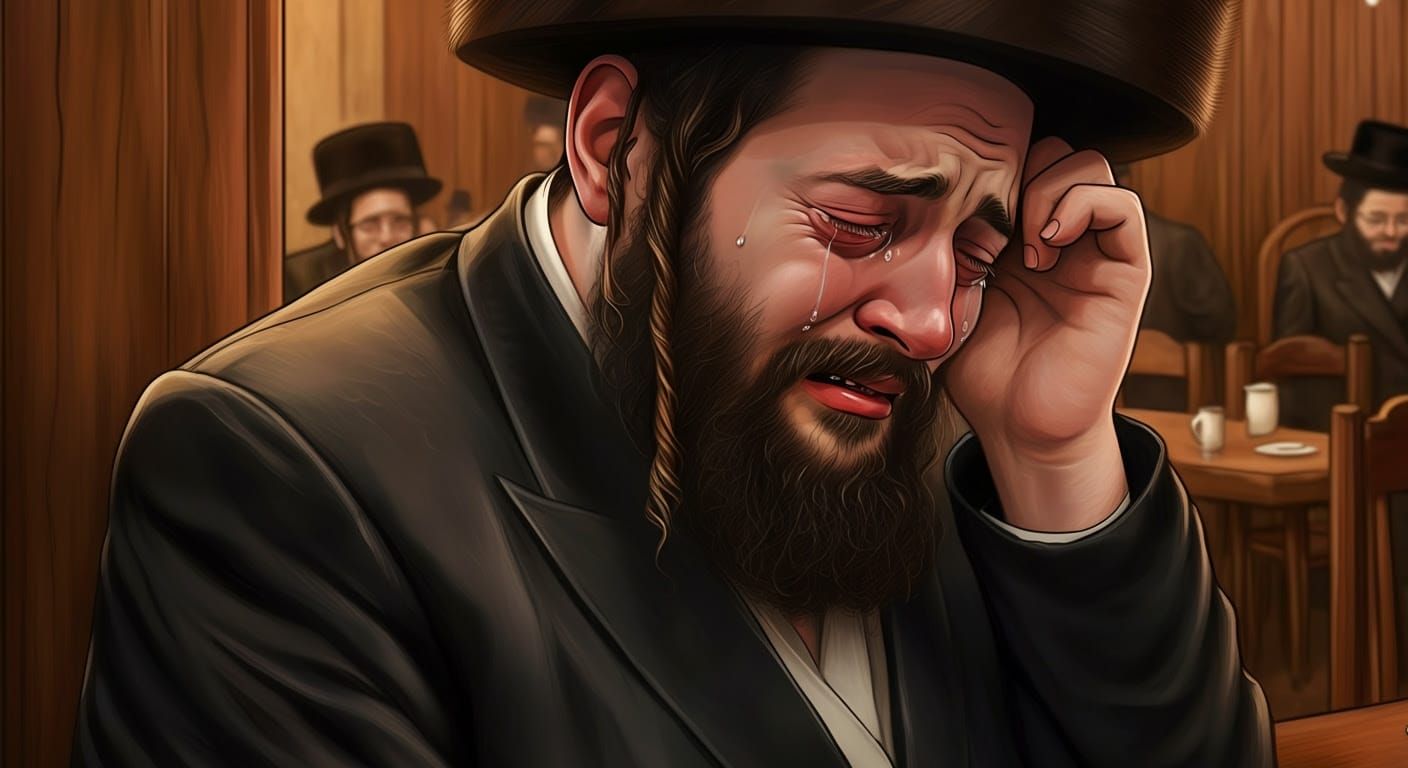 Sorrowful Hasidic Man in Traditional Synagogue Coffee Room