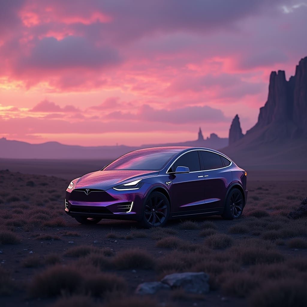 Tesla Model X on Windswept Moor at Twilight