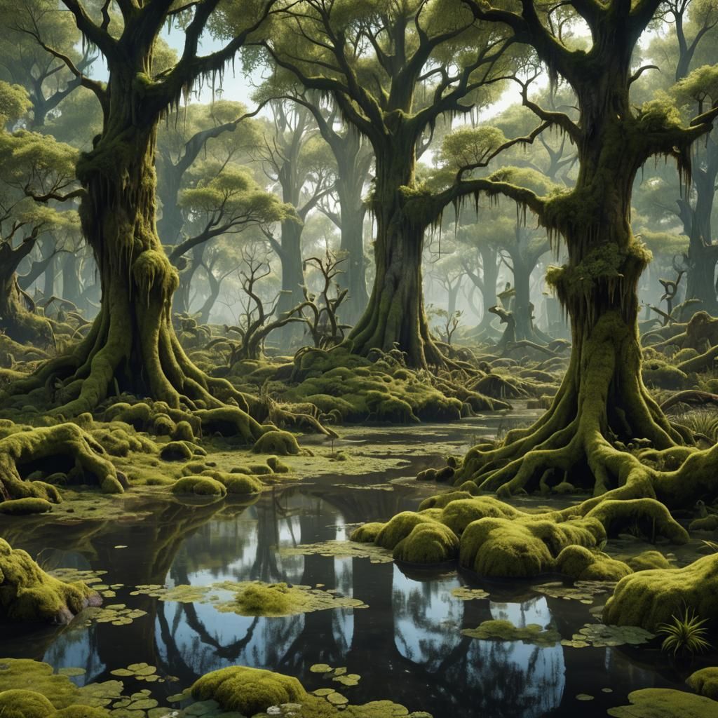 Fantastical Swamp with Mossy Cypress Trees