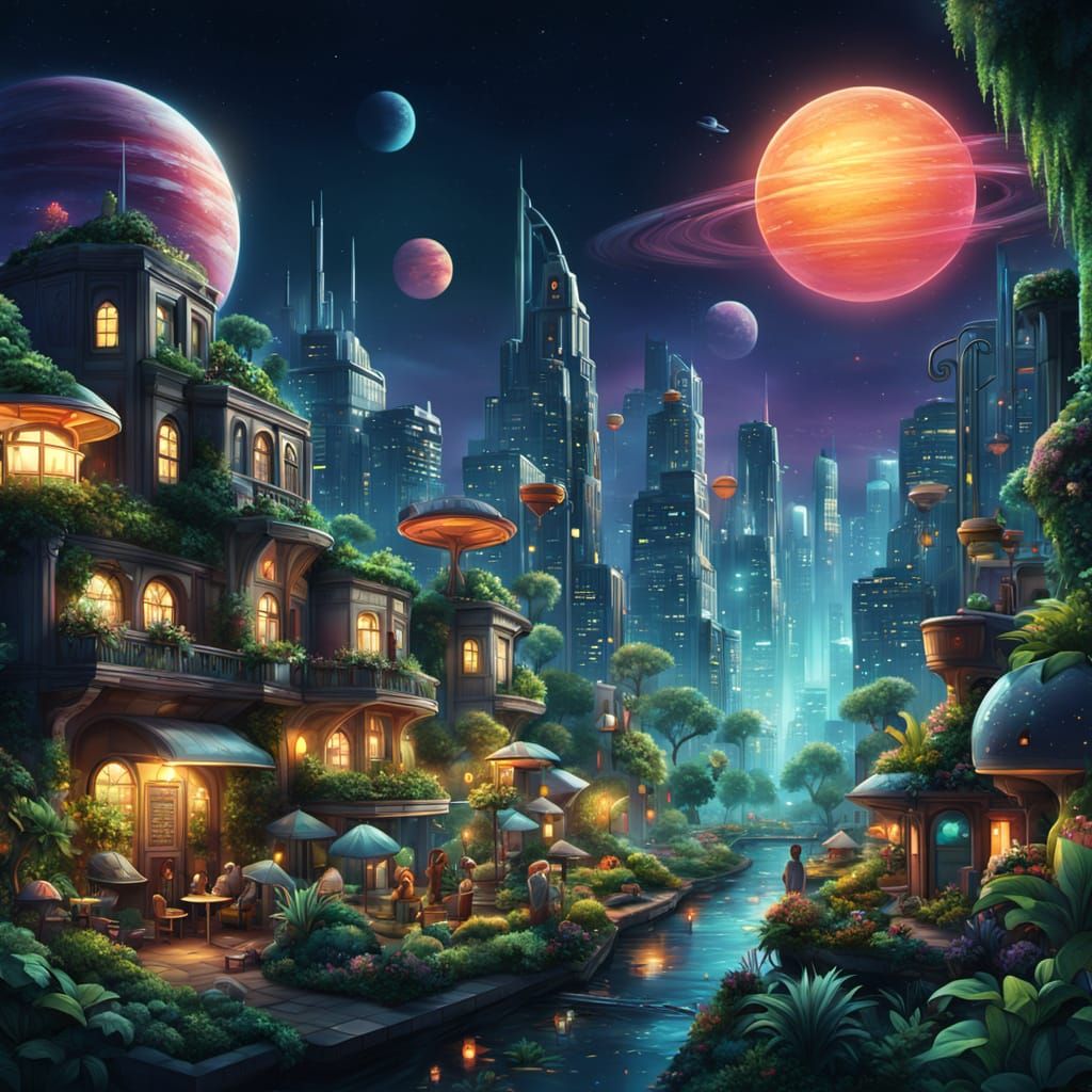 Vibrant Sci-Fi City on Alien Planet at Night
