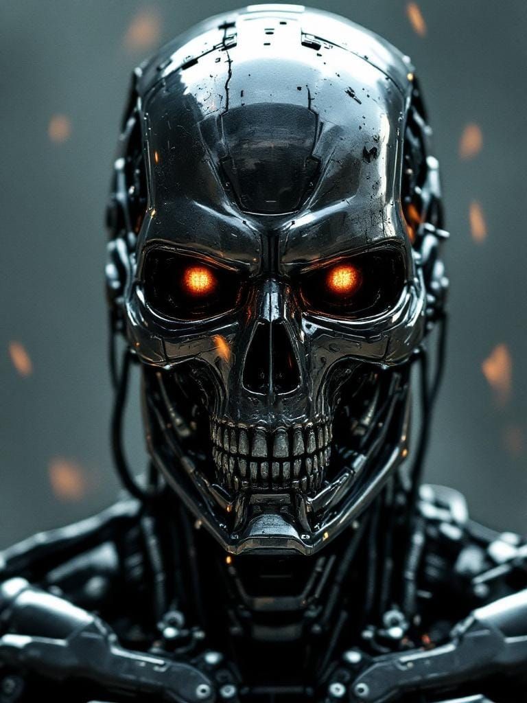 Battle-Scarred Terminator Head in Futuristic Dystopia