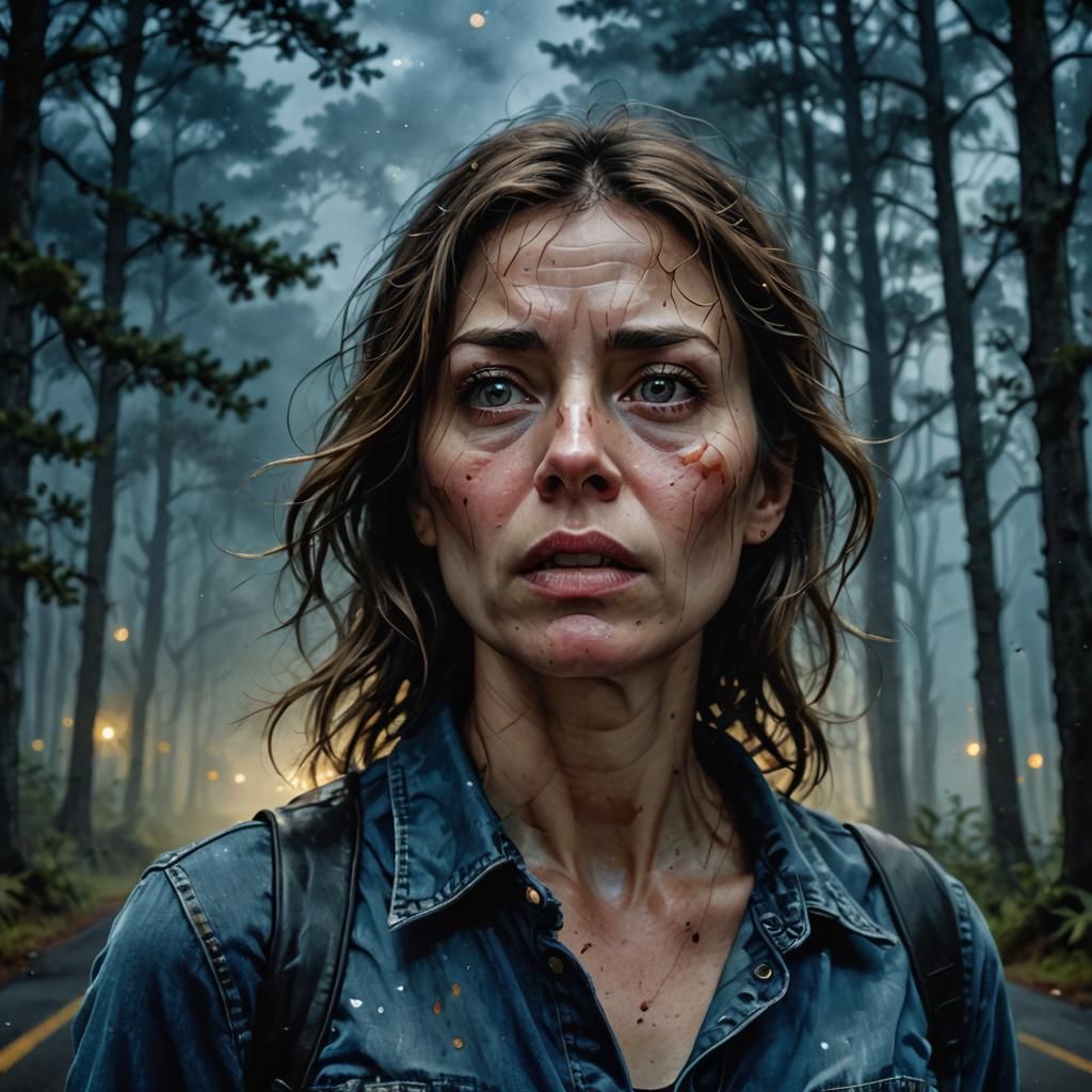 Frightened Woman in Forest: Alcohol Ink Portrait