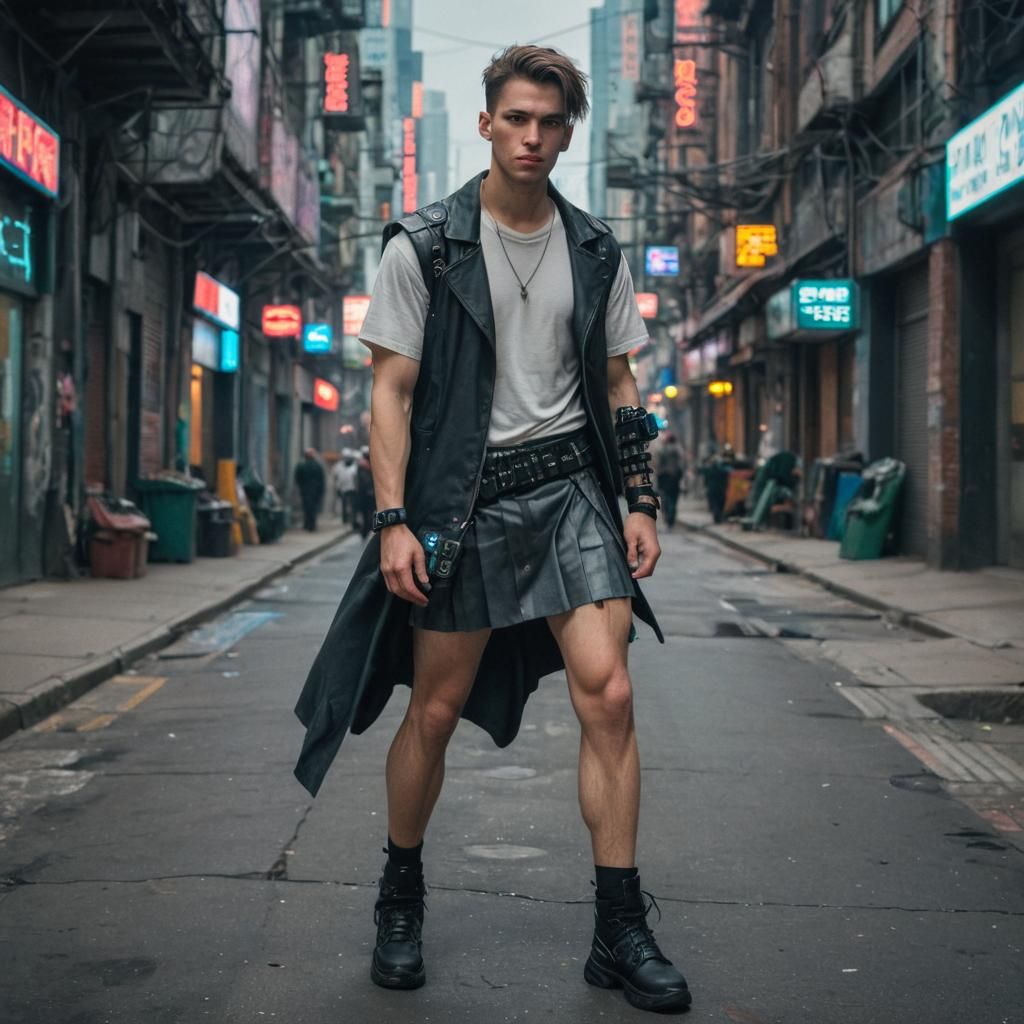 young american man, dressed only in a skirt, in a cyberpunk city