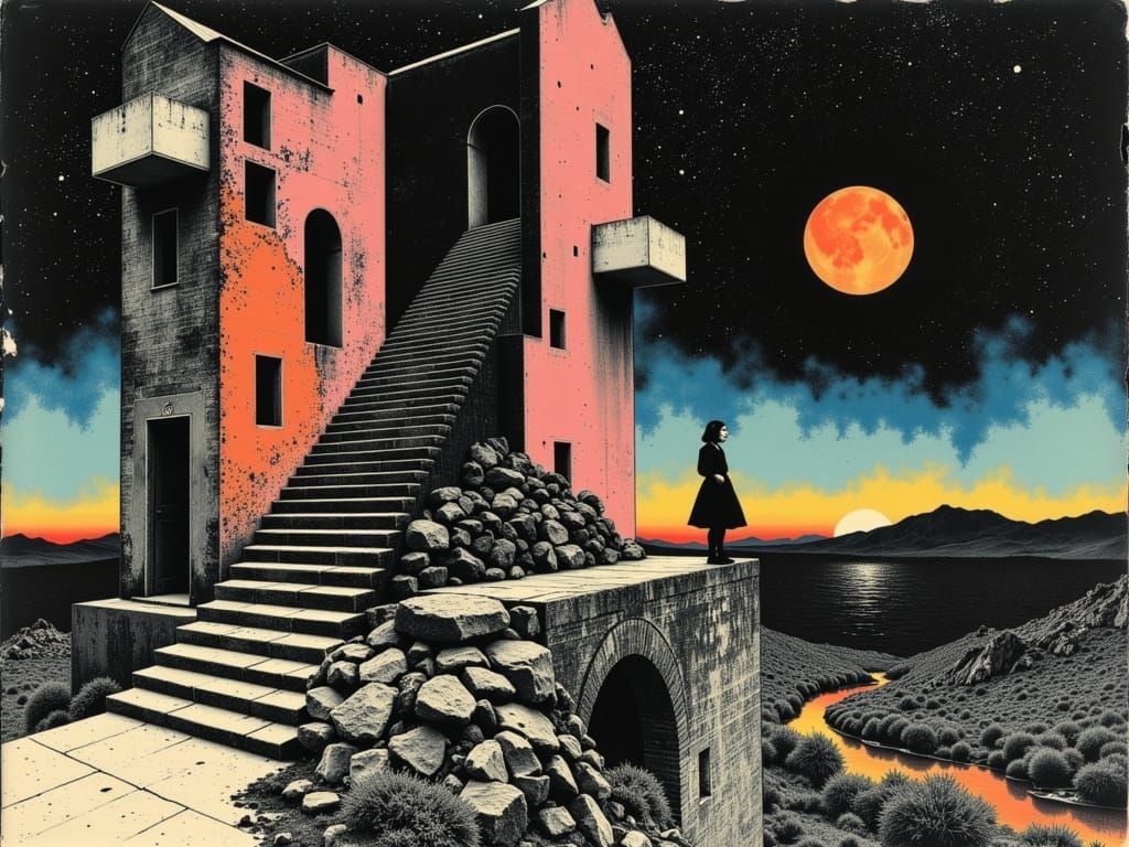 Alice, Neo, and the White Rabbit: Escher-Klimt Fusion