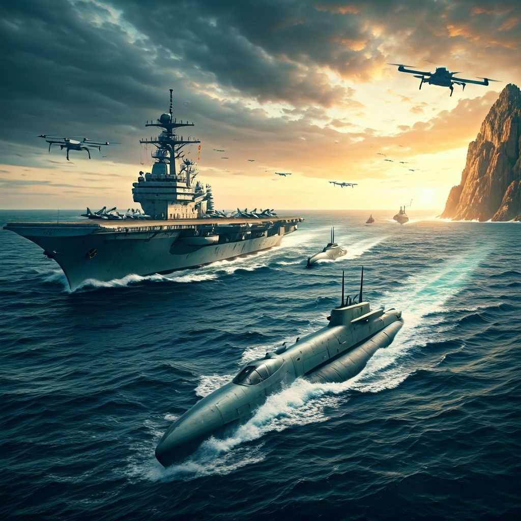 Naval Fleet in Stormy Seas with Drones and Cliff Bases