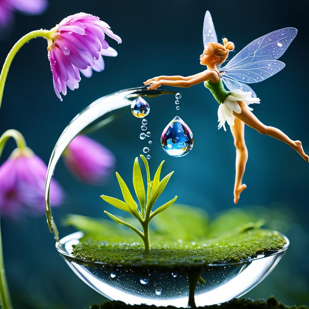 Enchanting Fairy Foraging in Water Drop