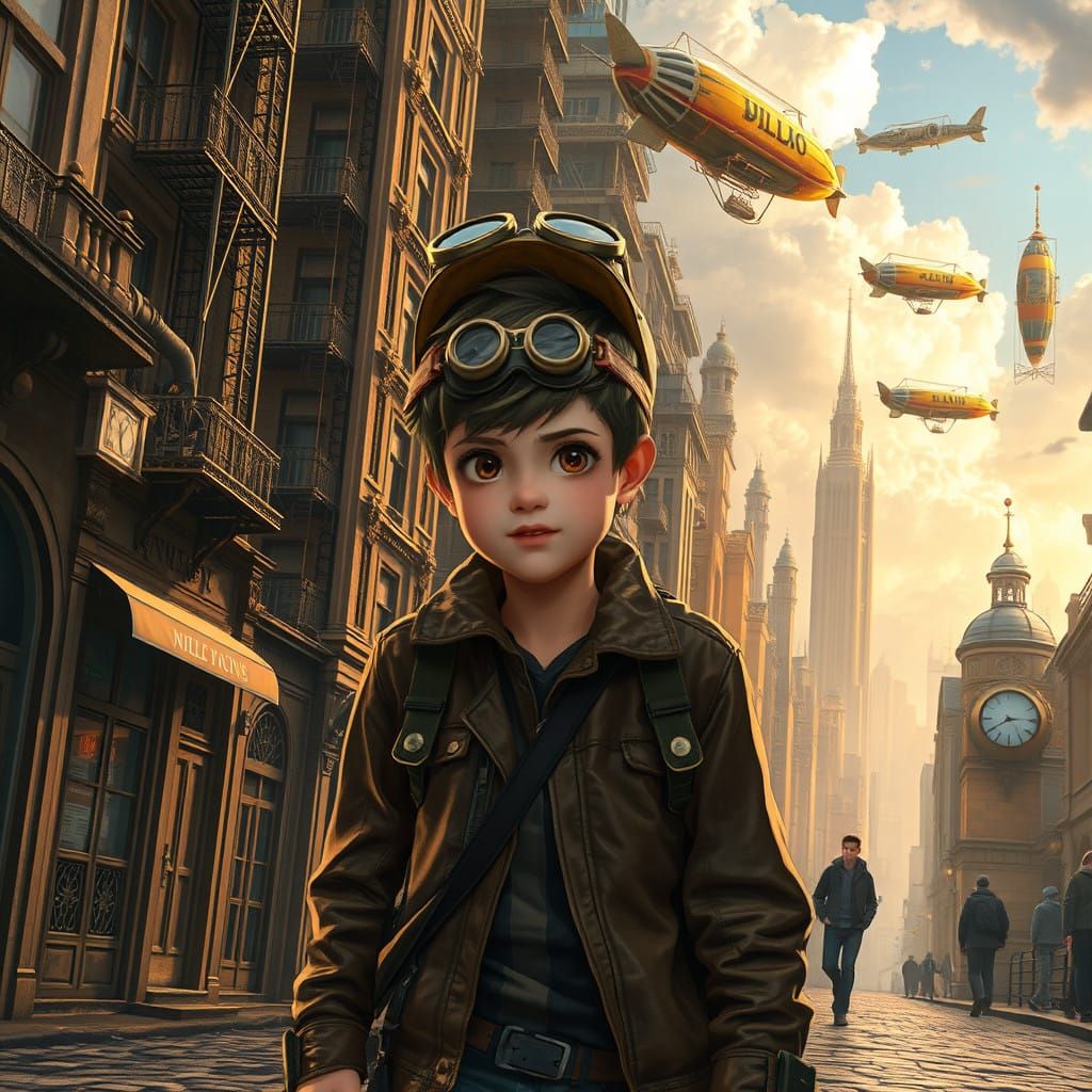 Steampunk Cityscape with Airships in Vibrant Anime Style
