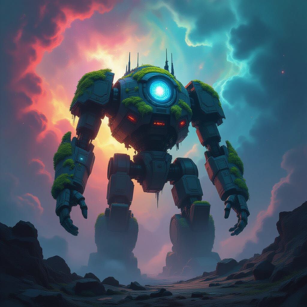 Ancient Mossy Automaton in Cosmic Nebula