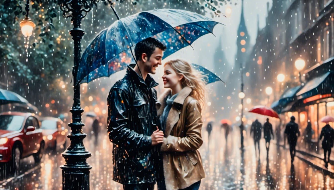 Couple Share Umbrella in Rainy Cyberpunk Watercolor