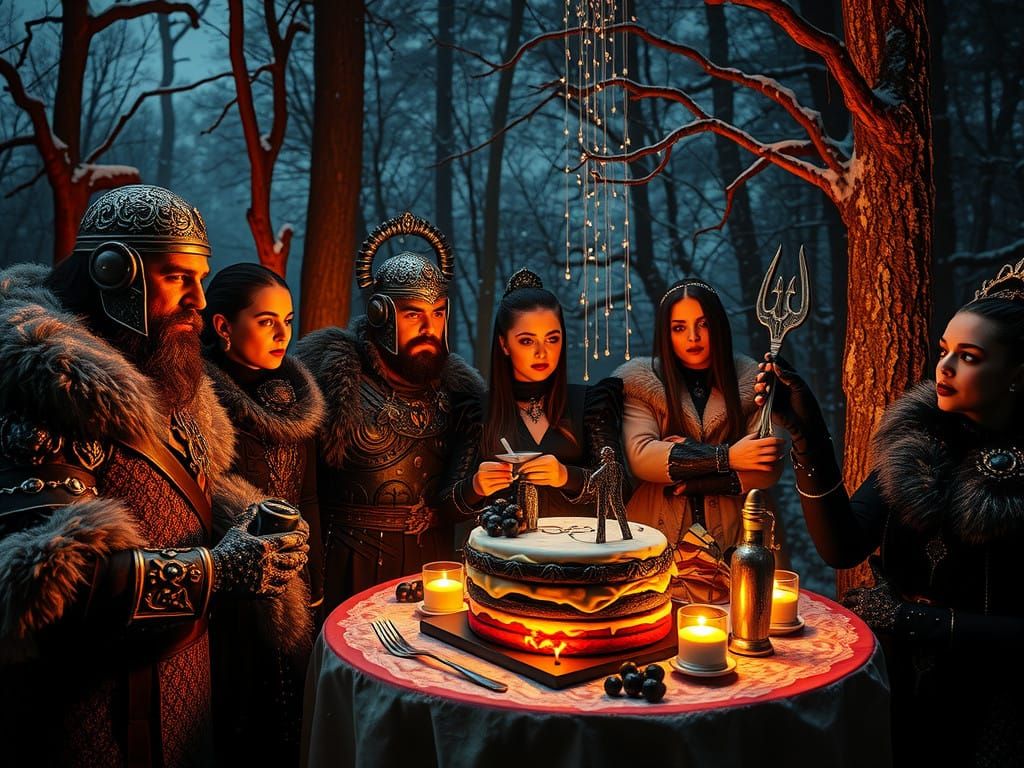 Gothic Vikings Celebrate Yule in Snowy Forest