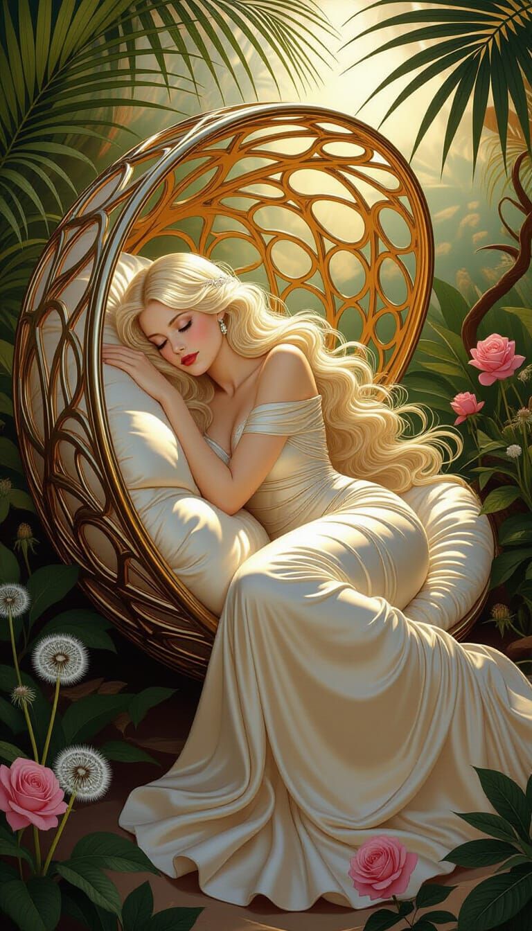 Art Nouveau Woman Asleep in Metallic Cocoon