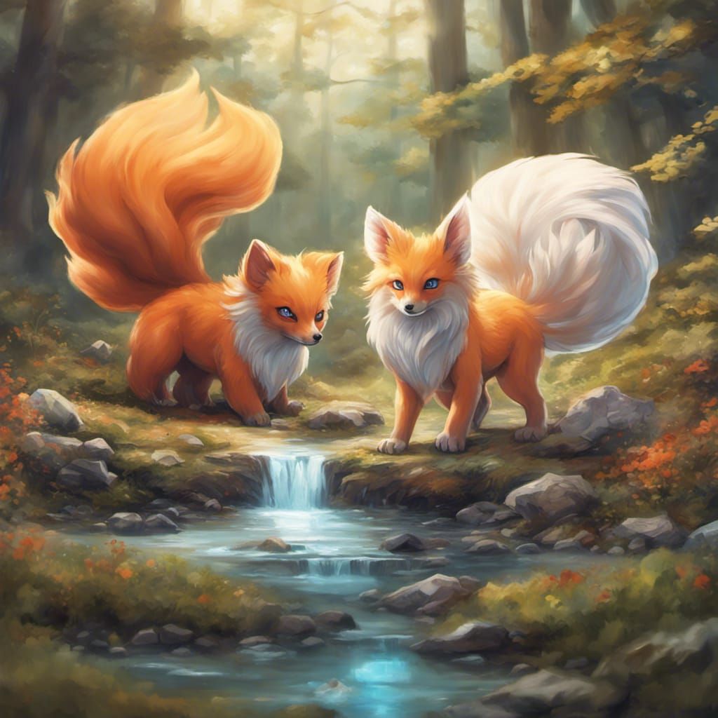Vulpix and Ninetails Camping: Hyperrealistic Splash Art