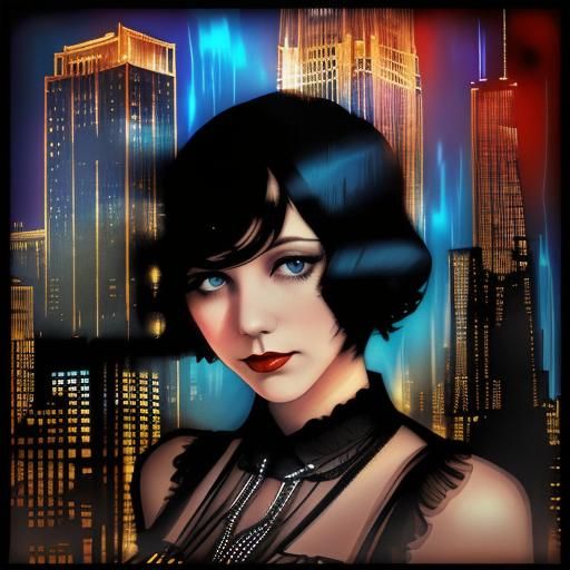 1920s Flapper in Speakeasy with Chicago Skyline