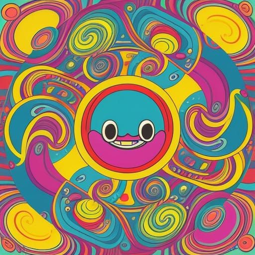 Retro-Style Cartoon Bean Character in Whimsical Psychedelic...