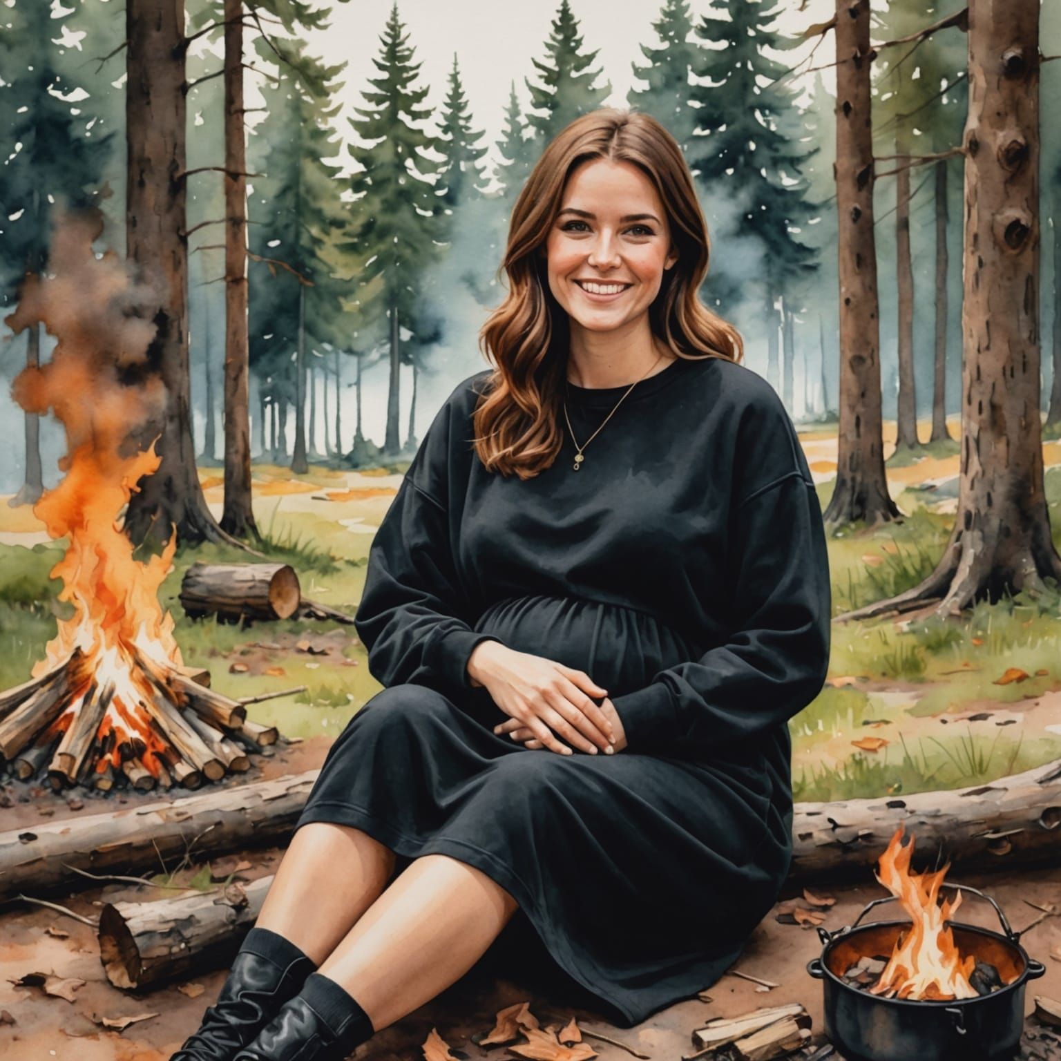 Pregnant Woman by Fire: Watercolor Style