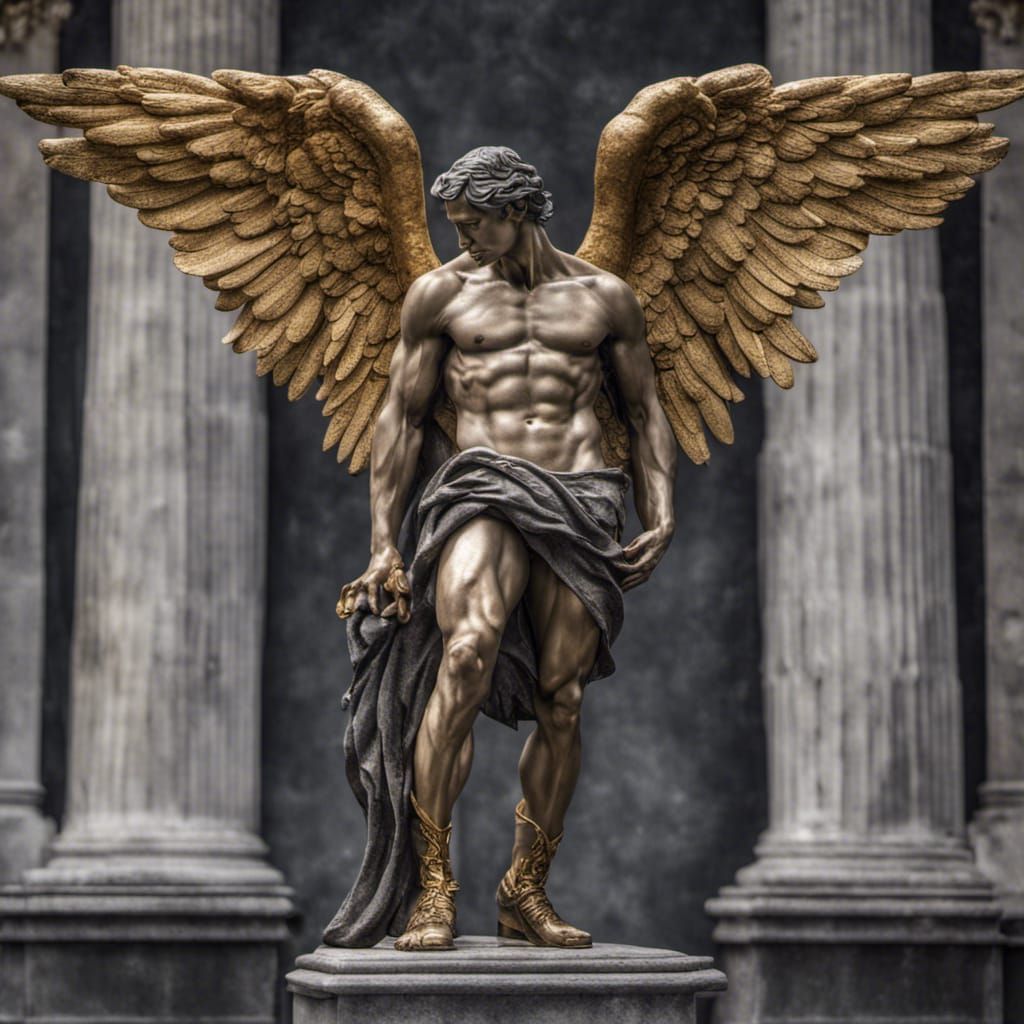 Hyperrealistic Sculpture of Angel With Golden Wings