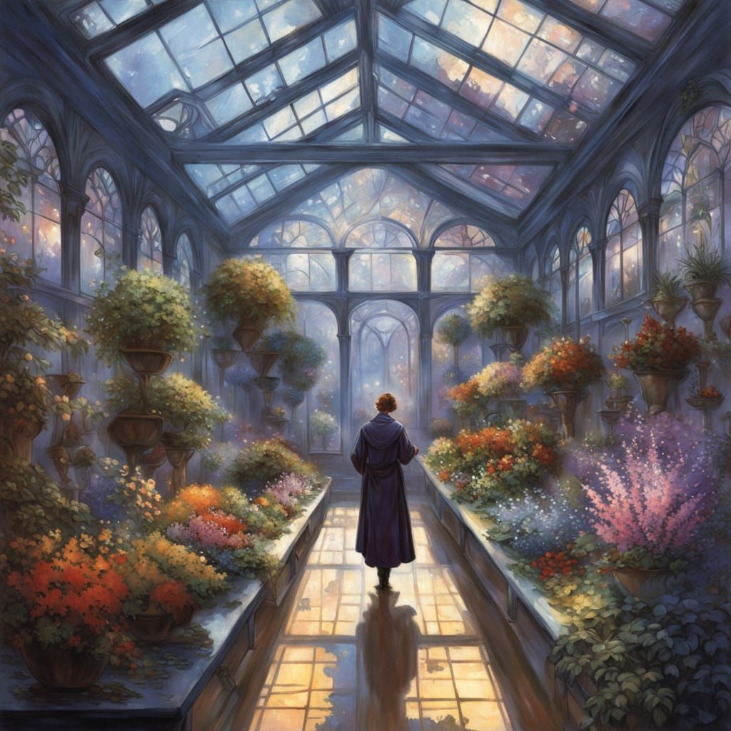 Celestial Gardener in Asteroid Greenhouse: Digital Art