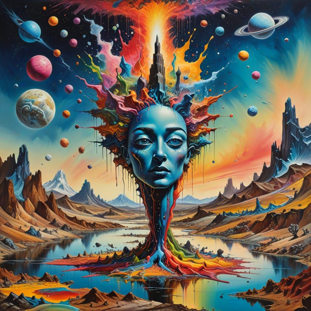 Surreal Crayon Explosion on Alien Planet as Dali Painting