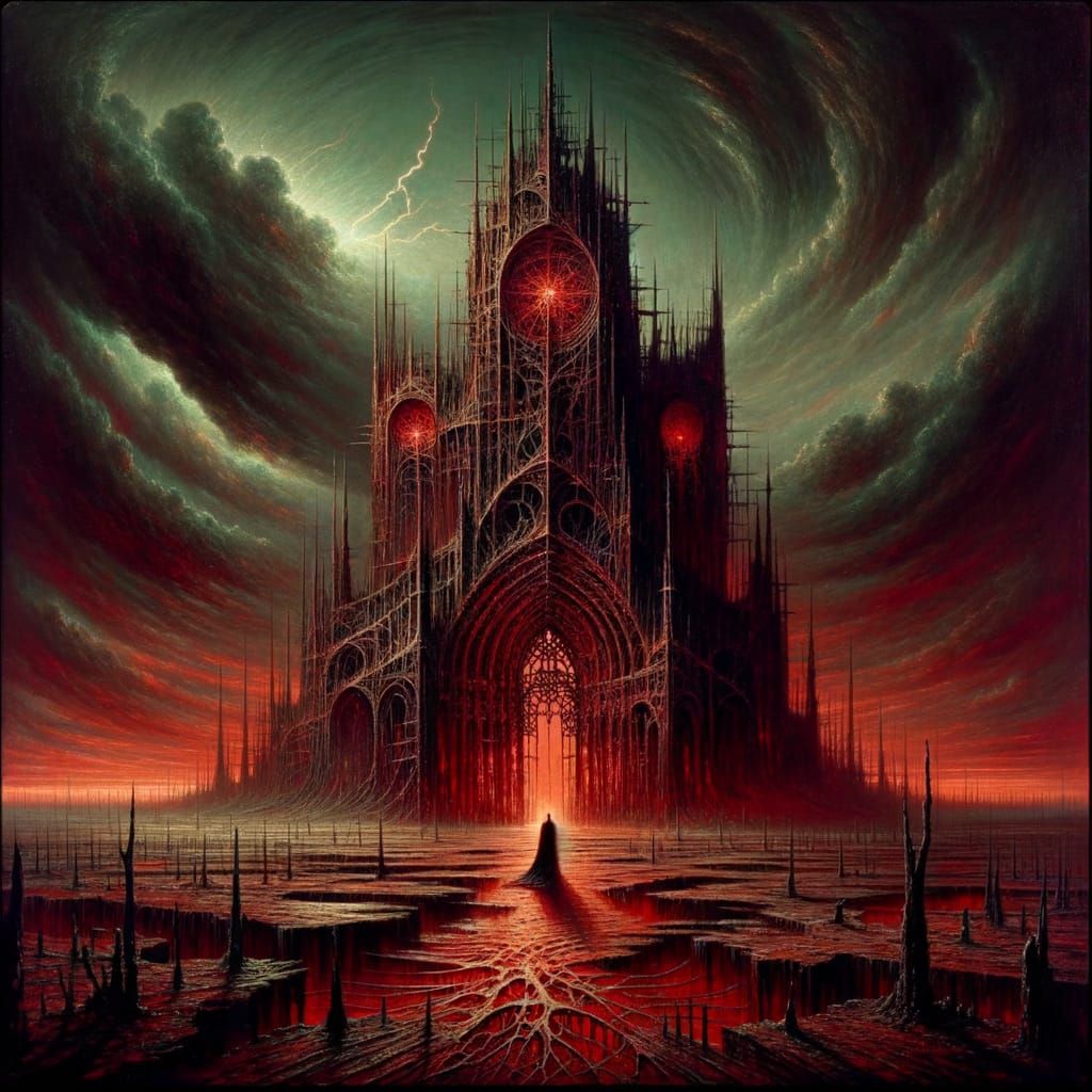 Gothic Horror Cathedral in Crimson Wasteland Oil Painting