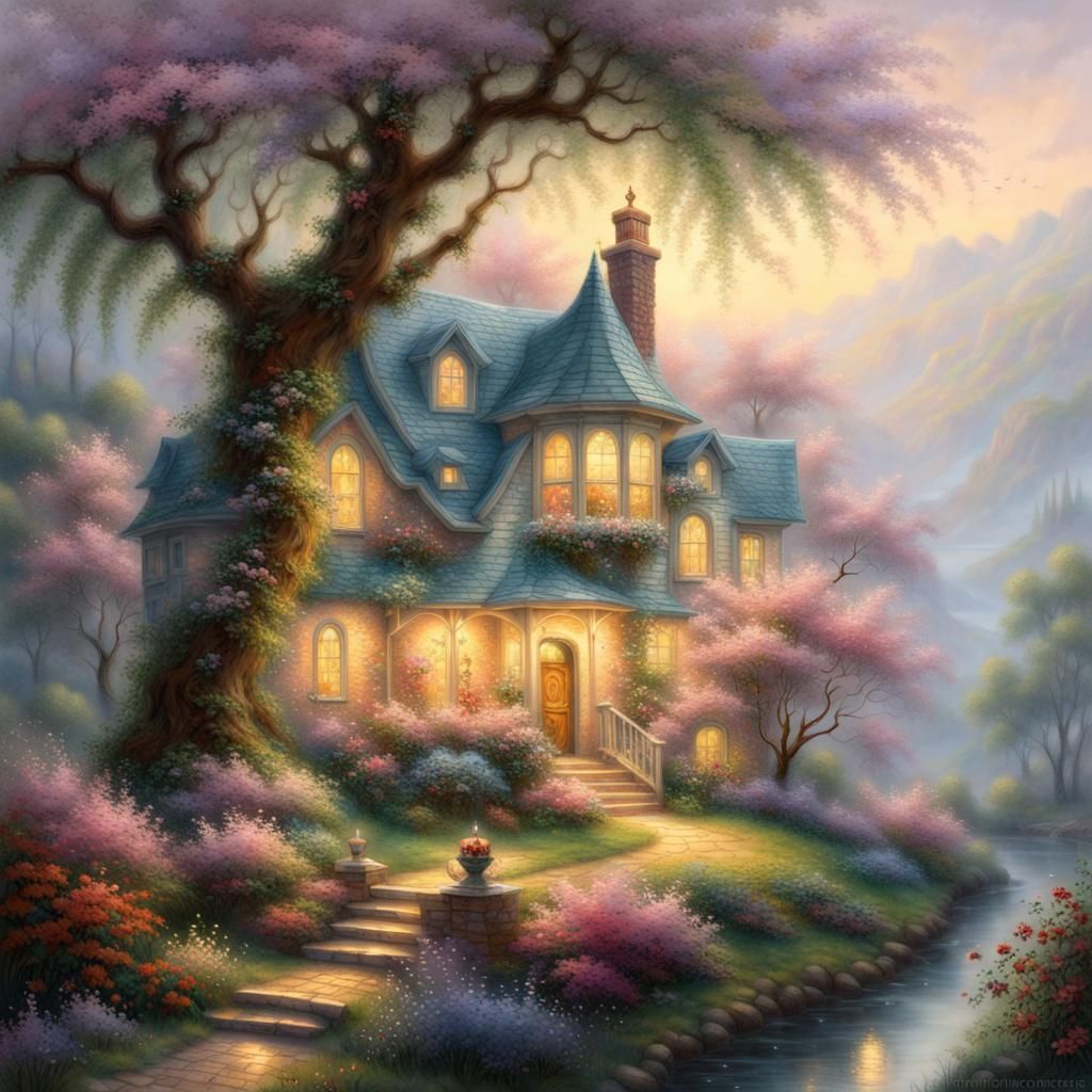 Ethereal House in Blossoming Tree, Hyperdetailed Fantasy