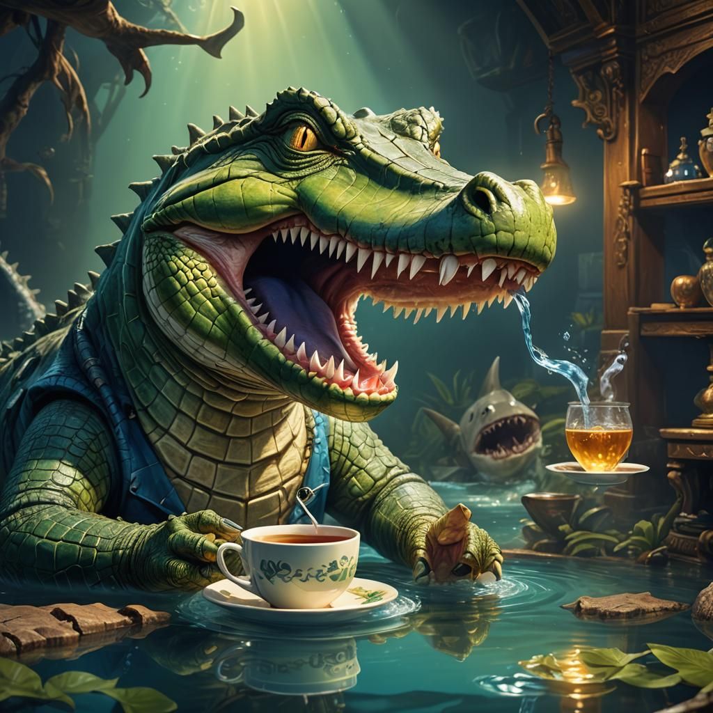Crocodile and Shark's Fantasy Tea Party: Digital Matte Paint...