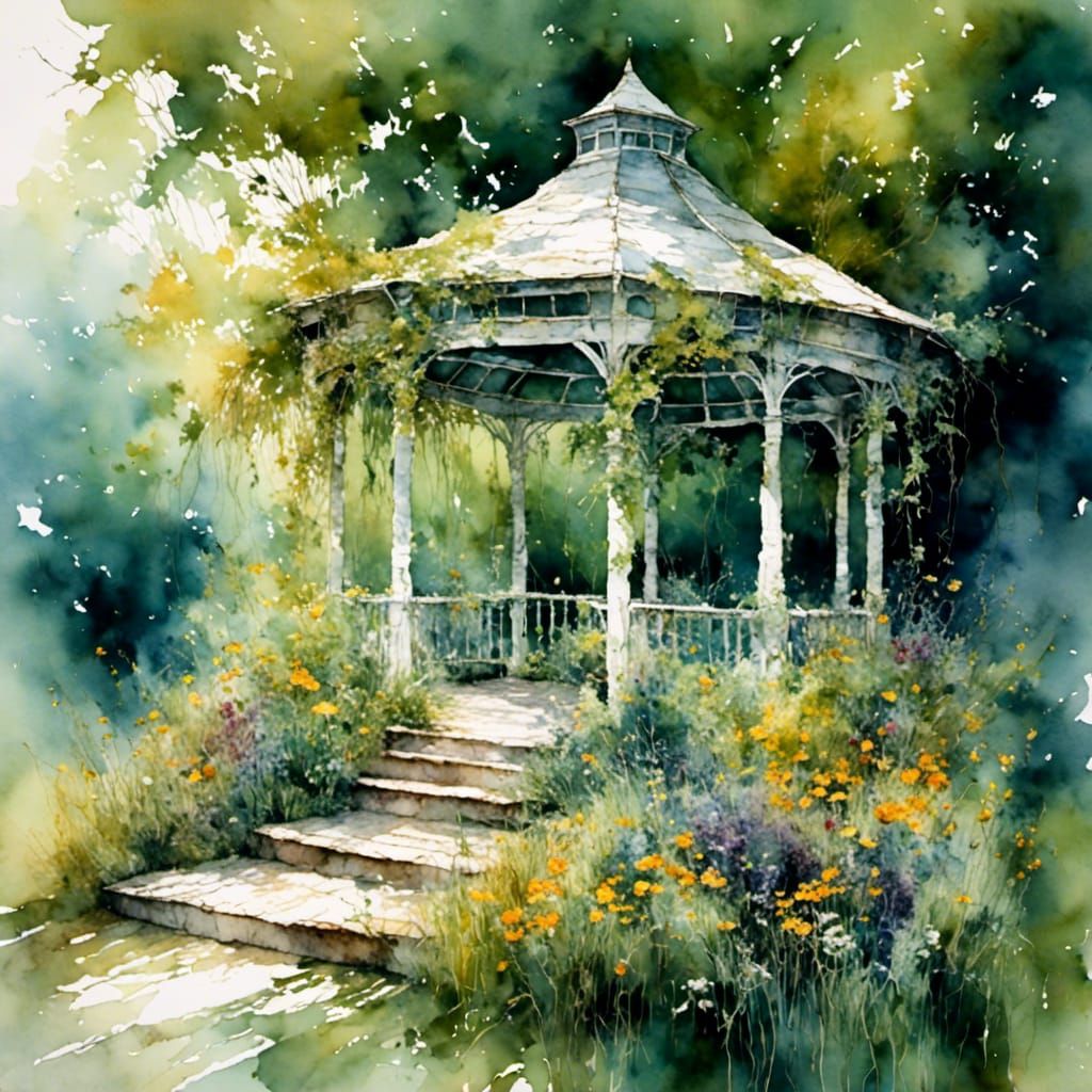Sunlit Gazebo with Wildflowers and Butterflies