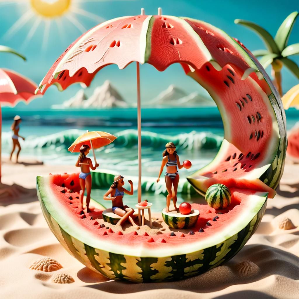 Miniature Beach Scene Inside Watermelon, Hyperrealistic Scul...