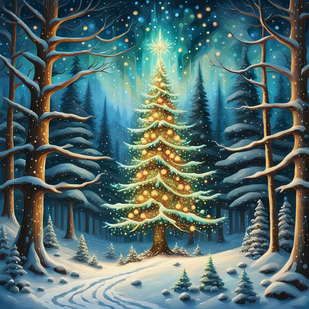 Magical Christmas Tree in Snowy Forest