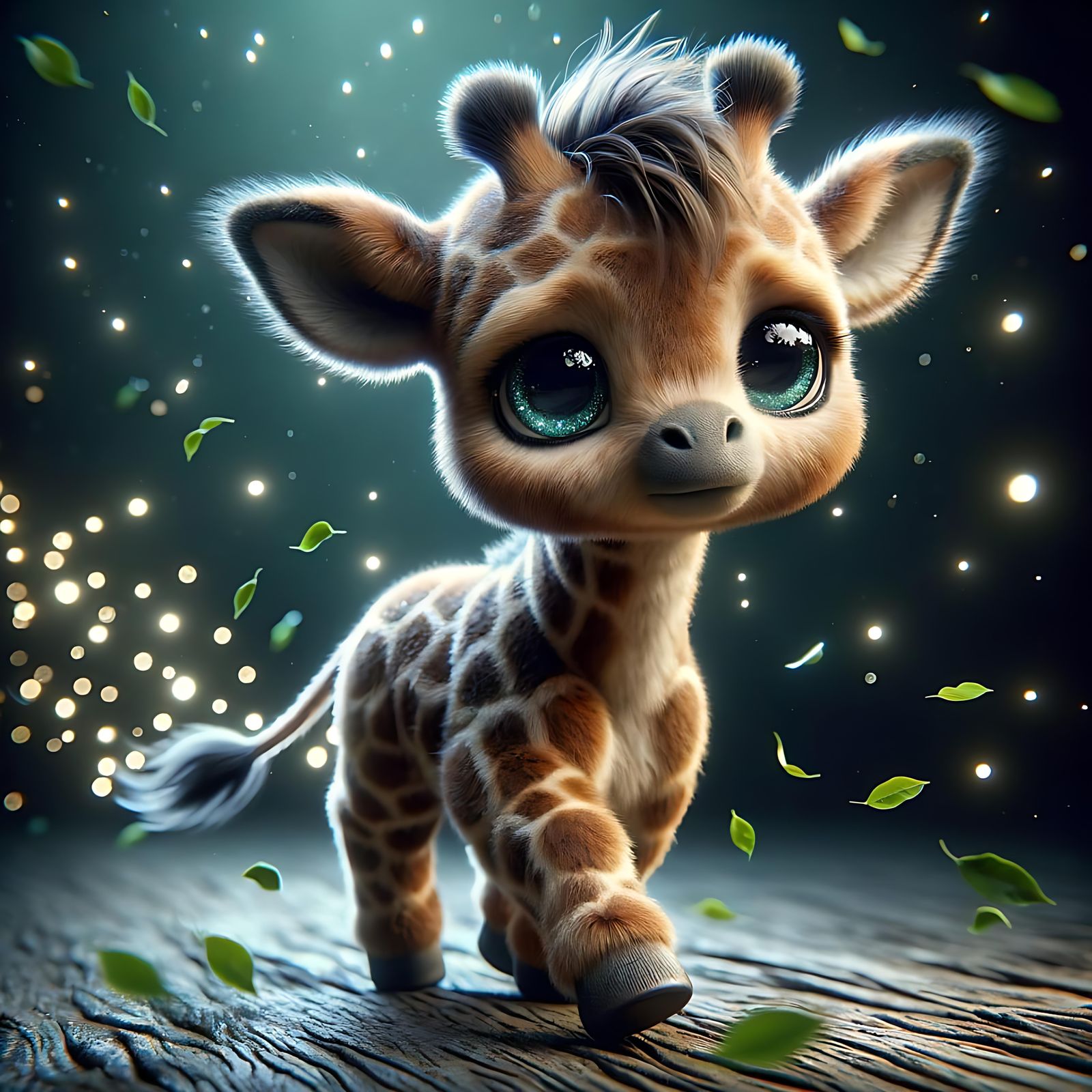 Adorable Giraffe with Fireflies in Digital Art