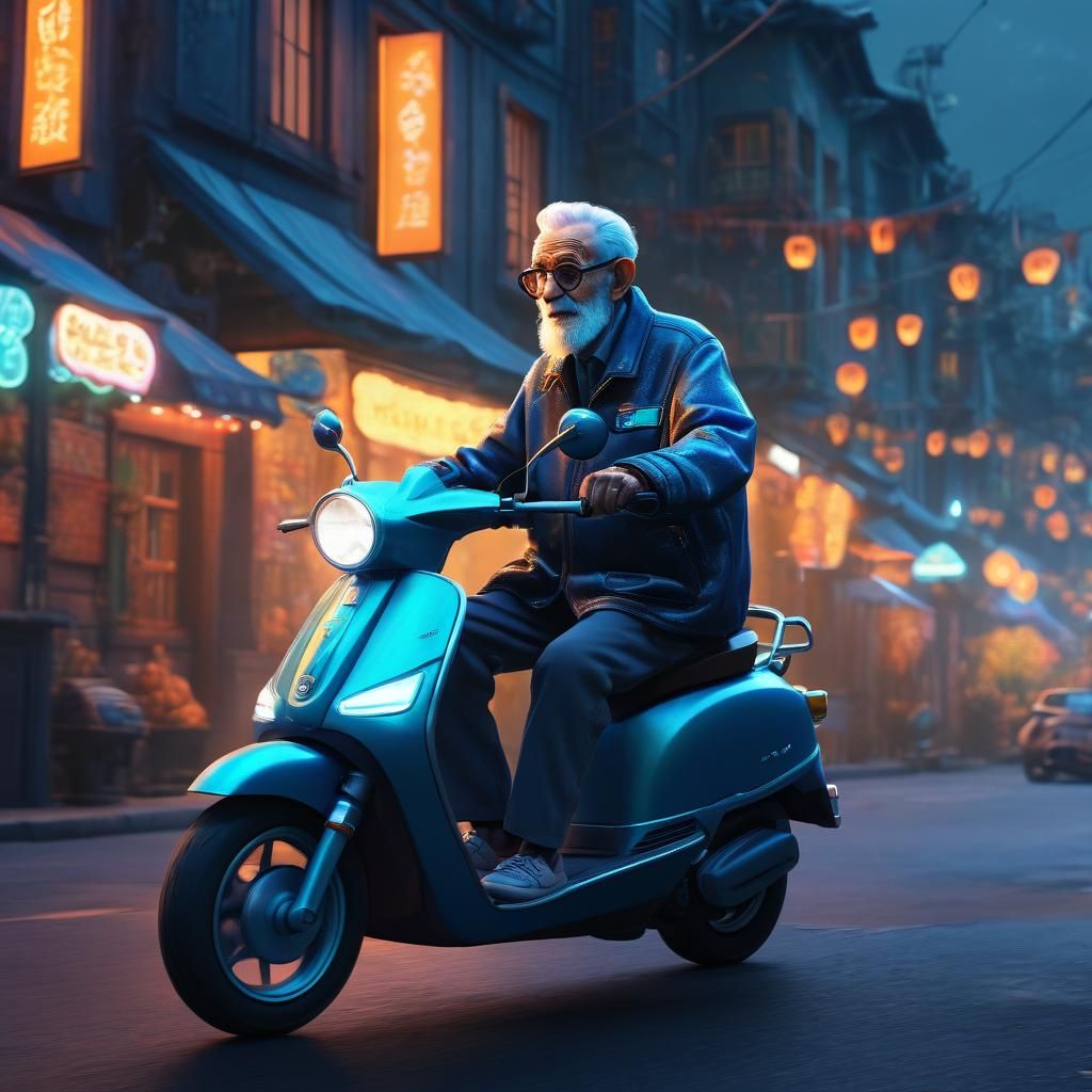 Old Man Rides Neon Scooter in Dreamlike Fantasy