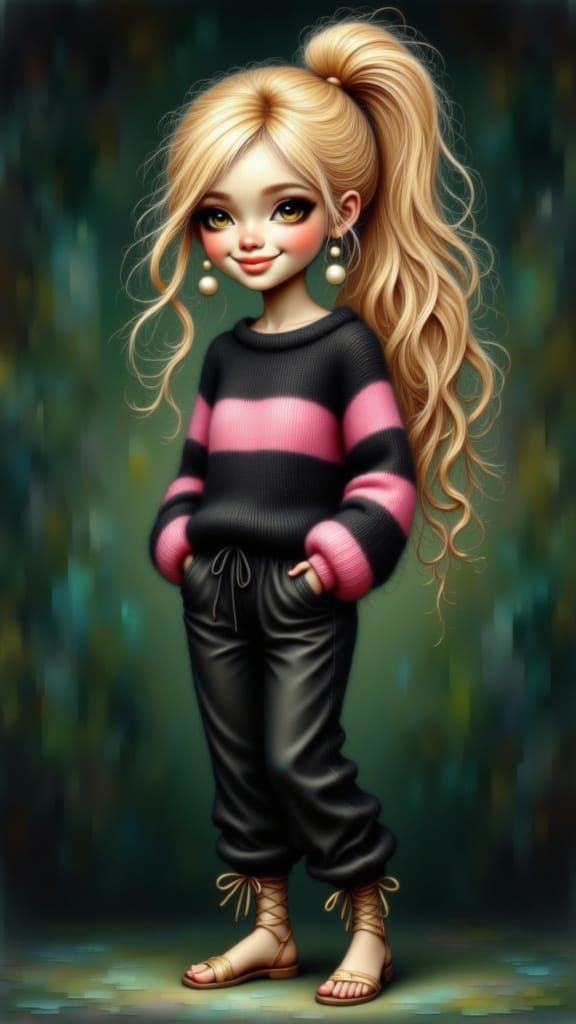 Whimsical Cartoon Girl in Striped Sweater and Pants