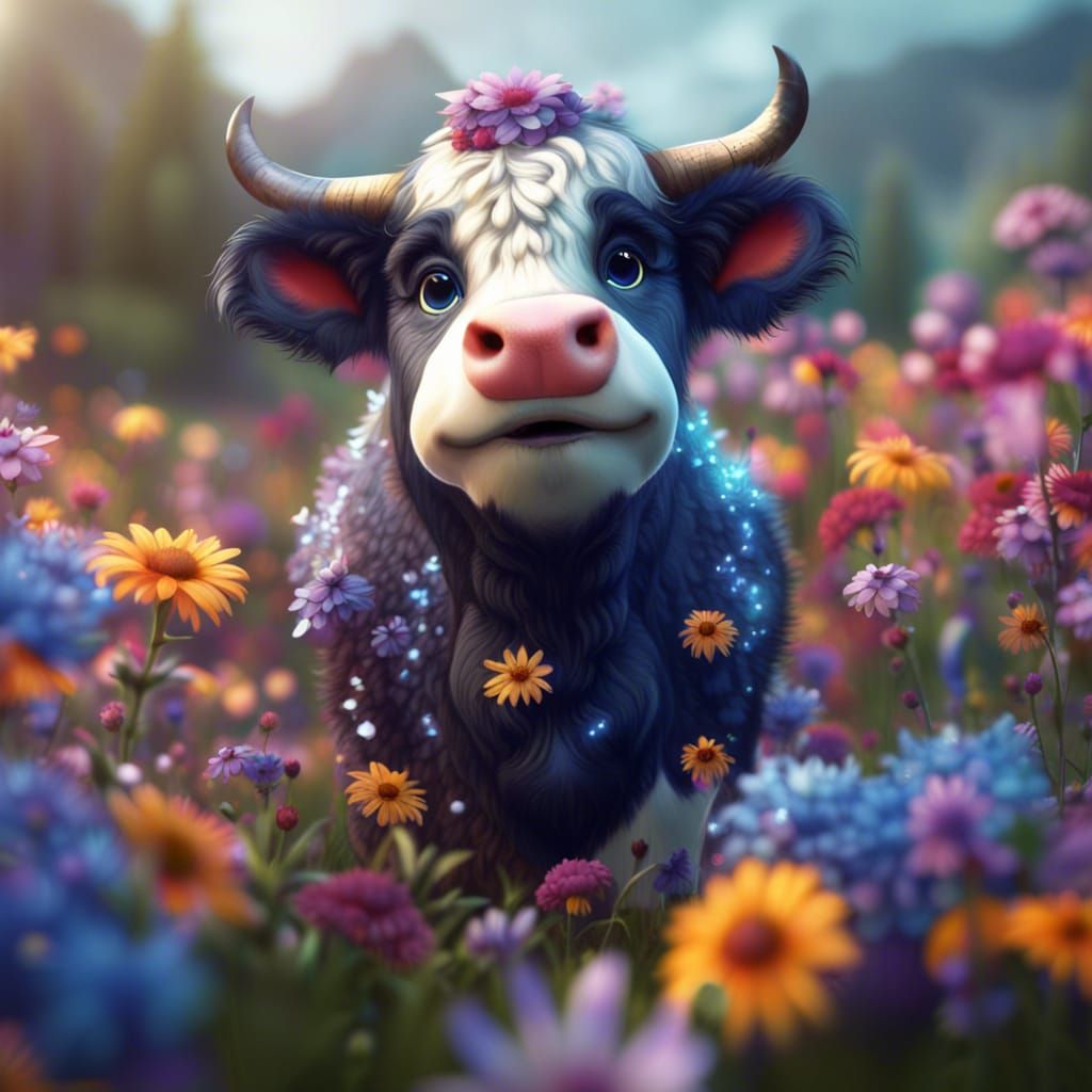 Fluffy Cow in Flowers: Detailed Matte Painting
