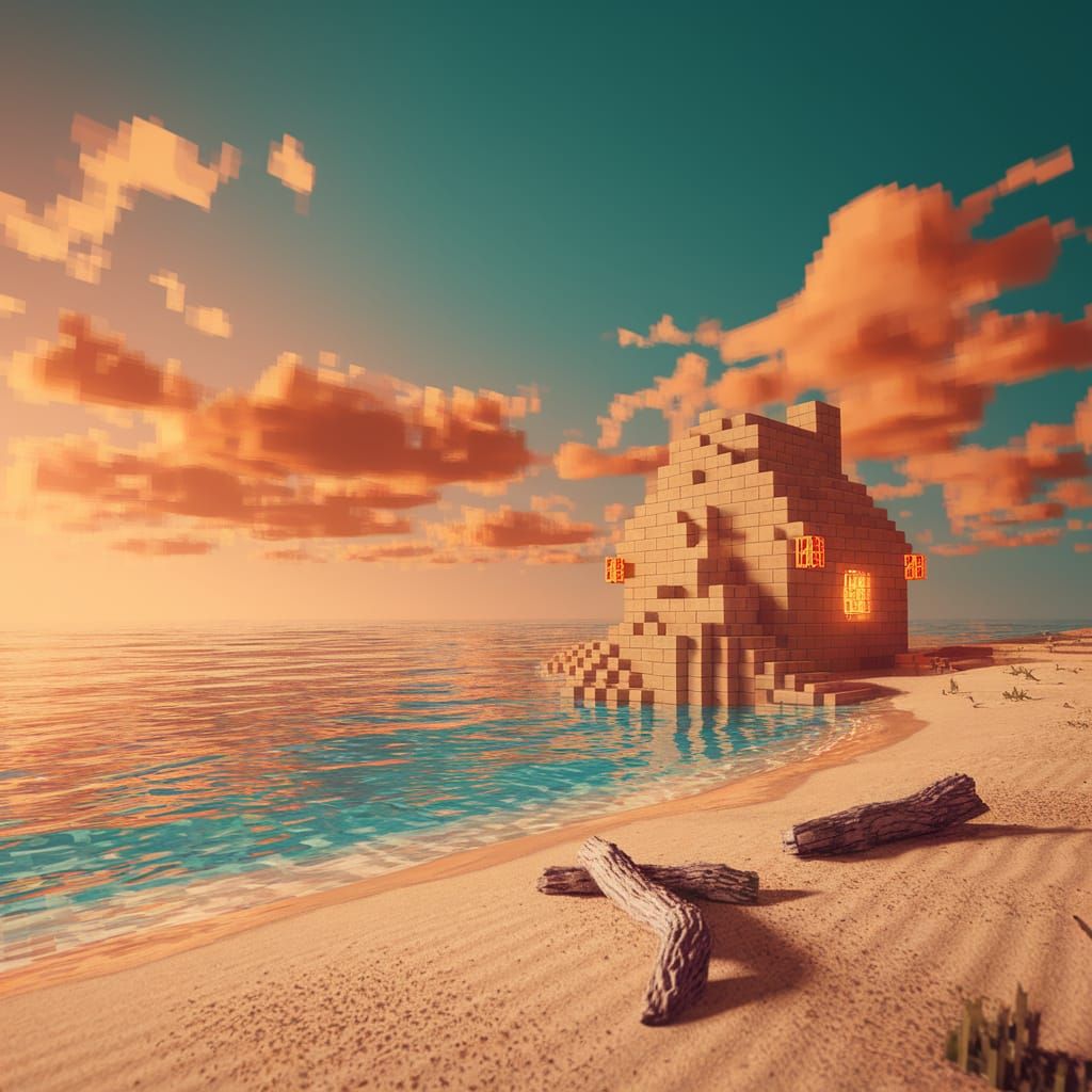 Minecraft House on Golden Beach, Ghibli-Inspired Art