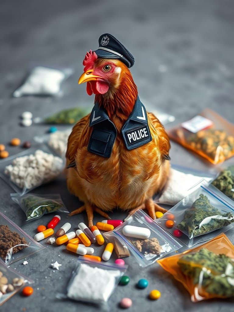 Brown Chicken in Police Uniform Surrounded by Contraband