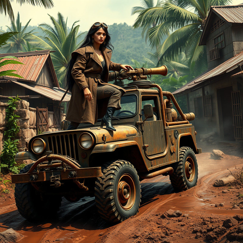 Steampunk Jeep in Tropical Village, Post-Apocalyptic Style