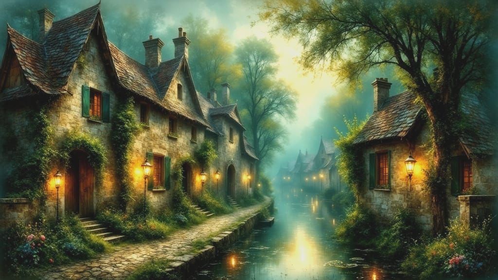 Surreal Medieval Village Basks in Ethereal Dawn Light