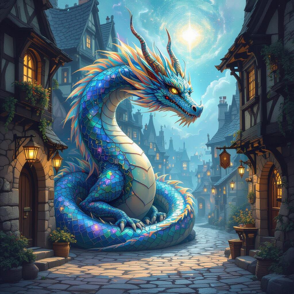 Cosmic Dragon Guards Celestial Tavern in Ethereal Mist