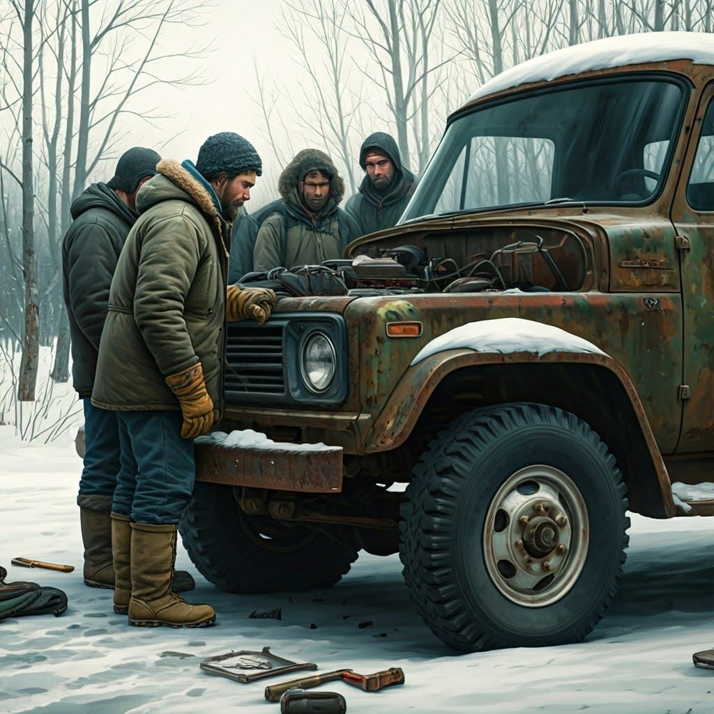 Survivalists Repairing Truck in Winter Landscape