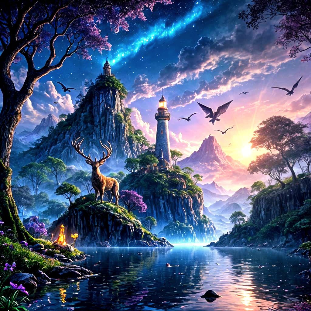 Mystical Crystal Lighthouse Fantasy Landscape at Sunset