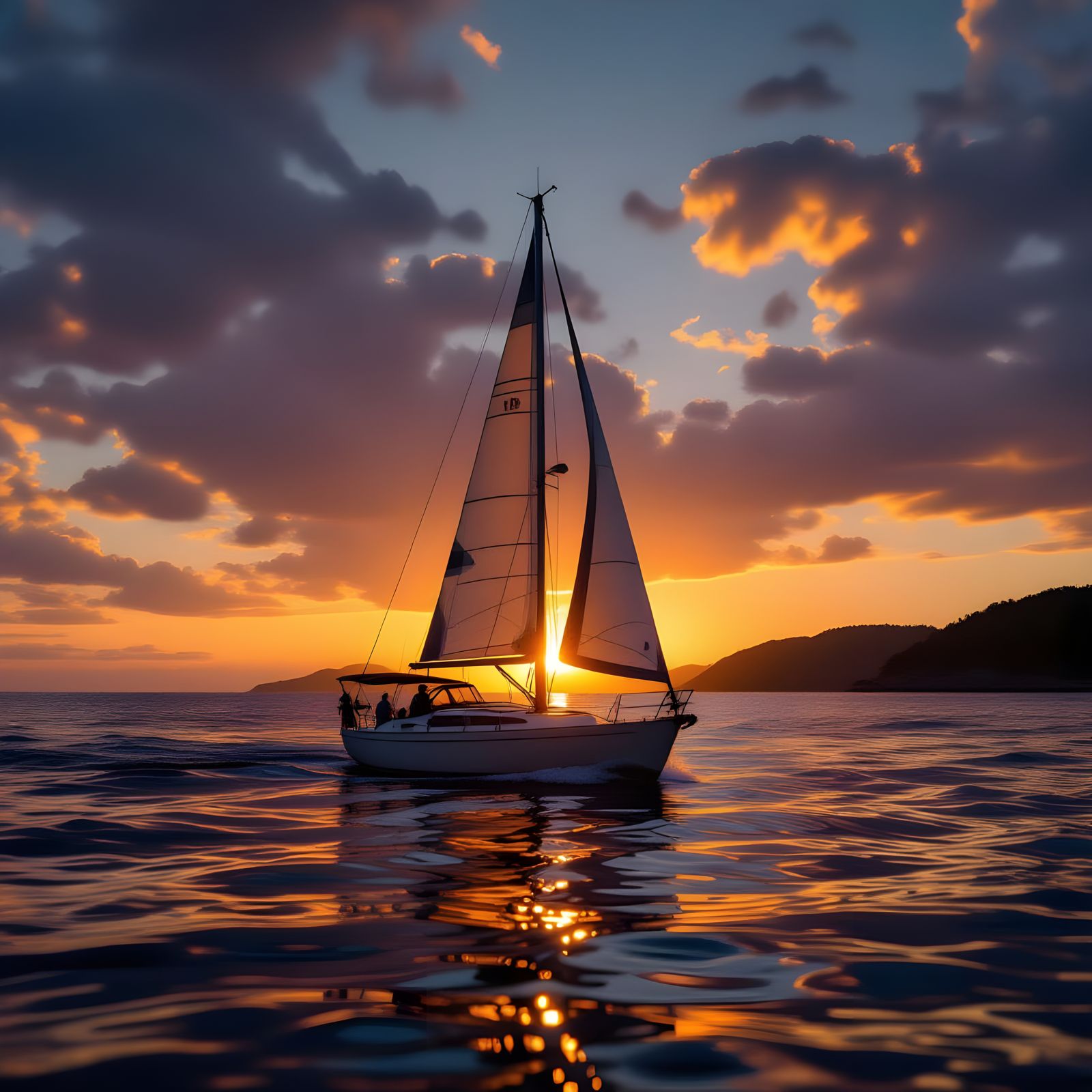 Golden Sunset Sailboat Over Ocean Bay Cinematic Film Still