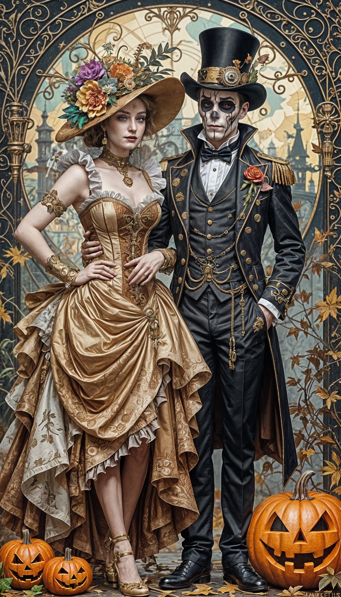 Steampunk King and Queen of Halloween in Art Nouveau Style