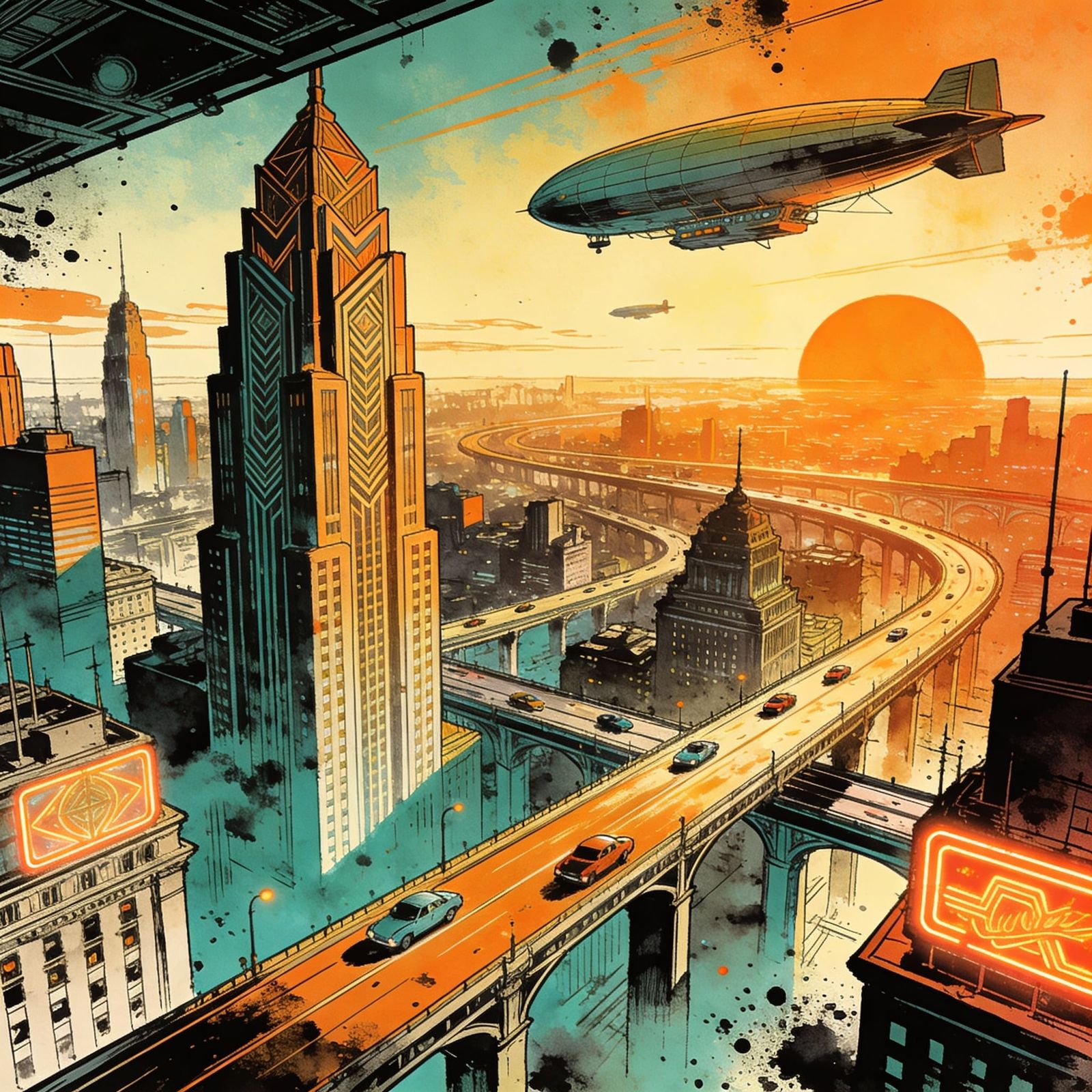 Solarpunk Retrofuturistic Cityscape at Golden Hour