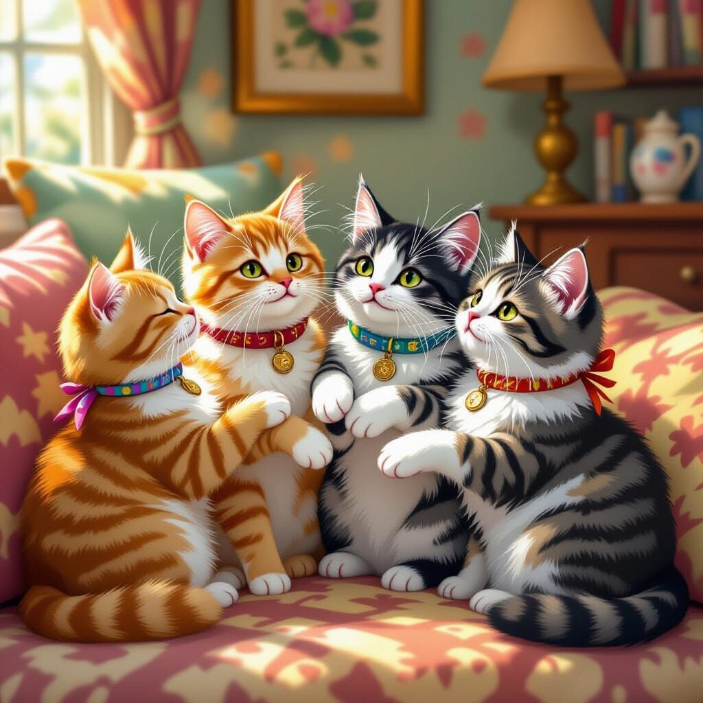 Cats Playing in Cozy Room, Beatrix Potter Style