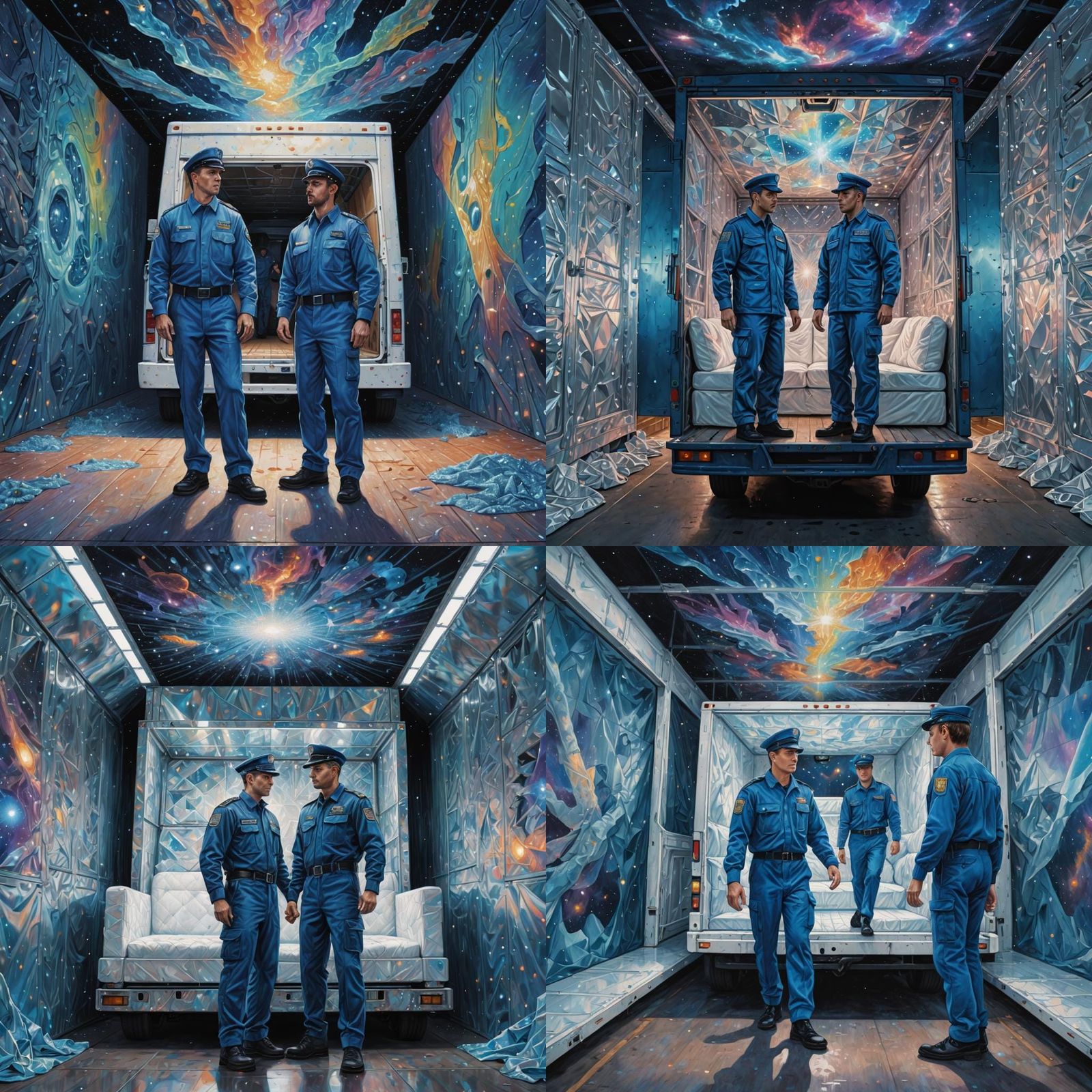 Men in Blue Uniforms Load White Couch into Box Truck