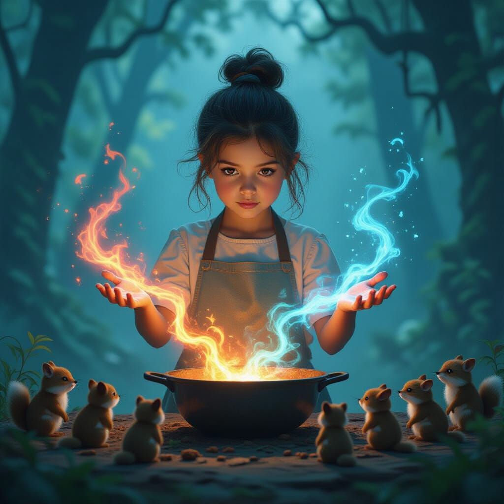 Girl Cooking With Magic in Misty Forest