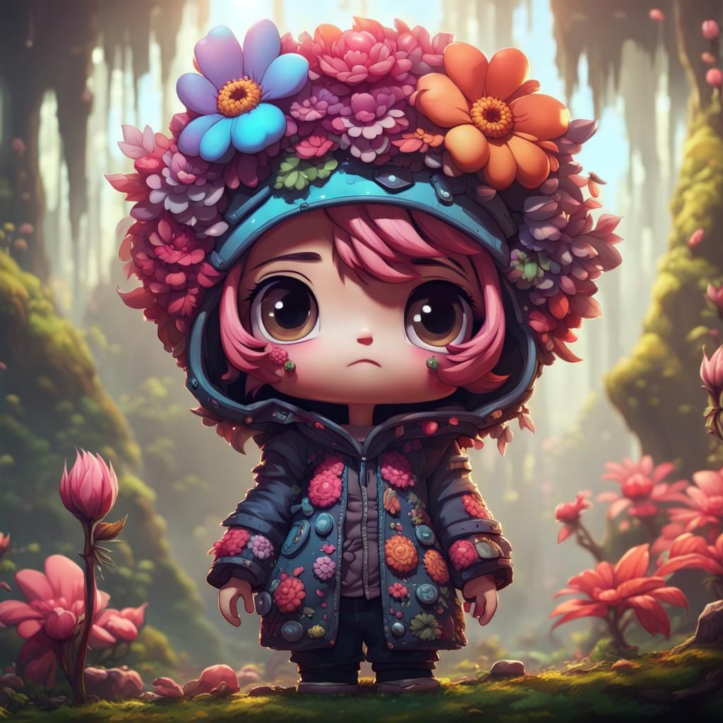 Detailed Chibi Flower Character in Lush Setting