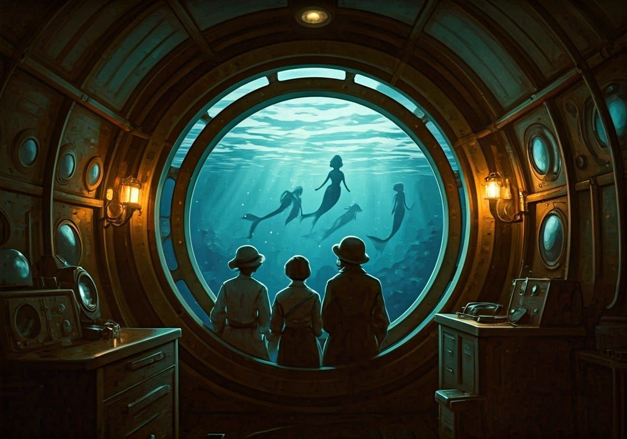 Retrofuturistic Nautilus Scene with Mermaids