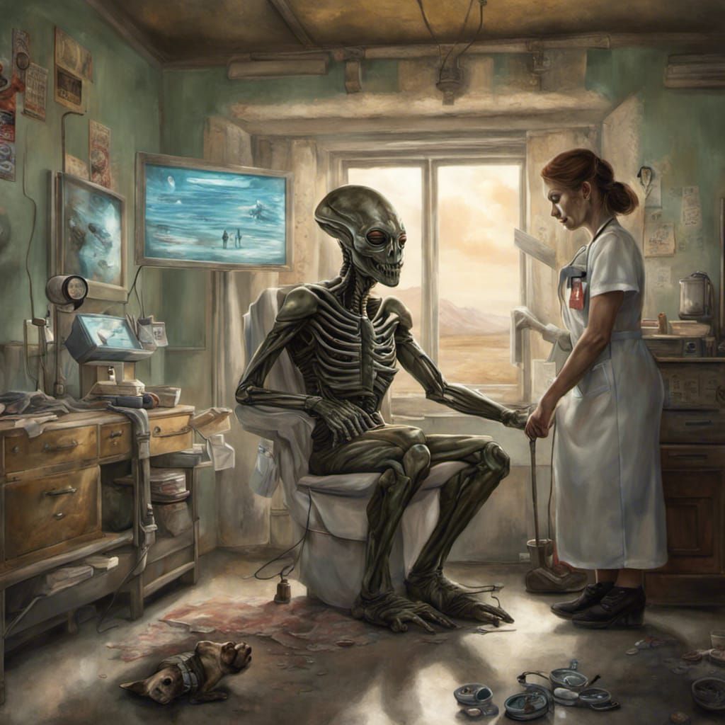 Alien Nurse Cares for Human Patient in Fallout Style